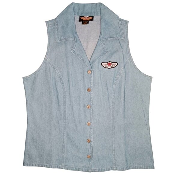 Harley-Davidson Jackets & Blazers - VTG Harley Davidson Chambray Blue Denim Vest Womens M Collared Blue